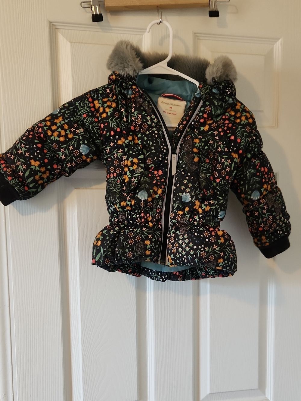 Hanna Andersson 90 Floral Puffer Jacket with Faux Fur Hood - Black Base